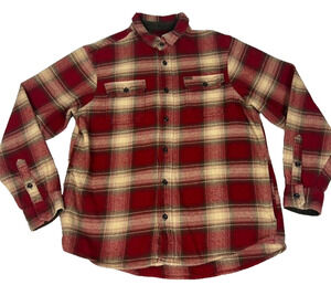 Orvis Shirt Jacket Mens L Heavy Flannel Shacket Hand Pockets Red Plaid Button